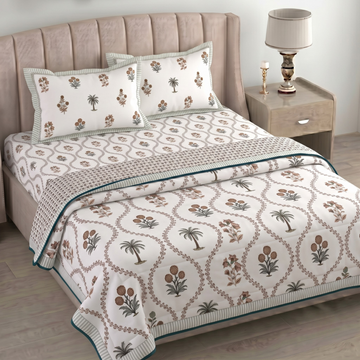 Brown & Green Floral Pratham 4 Pieces Double Bed Dohar Set