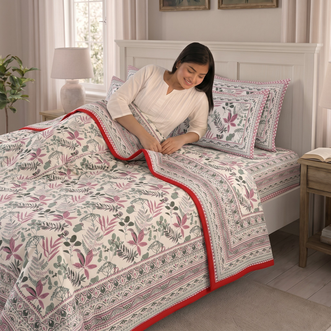 Rose Gold & Green Leaves Pratham 4 Pieces Double Bed Dohar Set