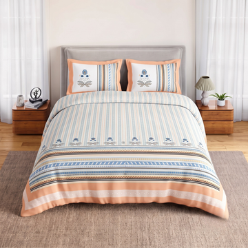 Orange & Blue Printed Jumbo Size Cotton Bedsheet with 2 Pillow Covers