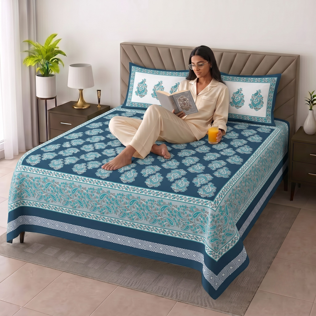 Teal Blue Geometric Jumbo Size Cotton Bedsheet with 2 Pillow Covers