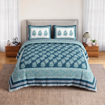 Teal Blue Geometric Jumbo Size Cotton Bedsheet with 2 Pillow Covers