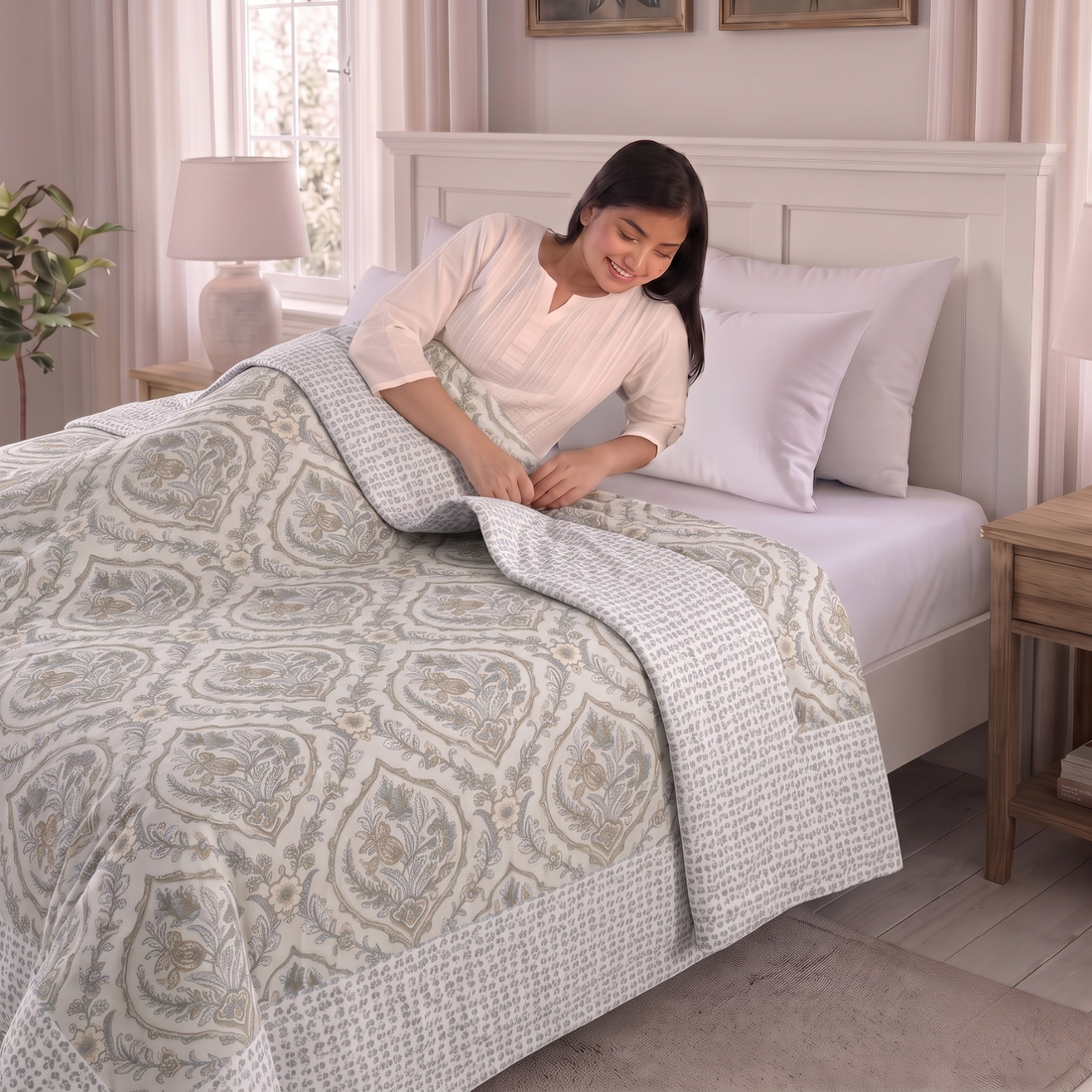 Green Leaves Hawa Mahal Double Bed Reversible Cotton Dohar
