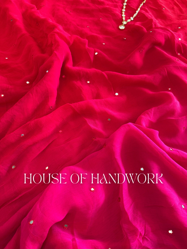 Gulabi Noor Mirror Handwork Saree