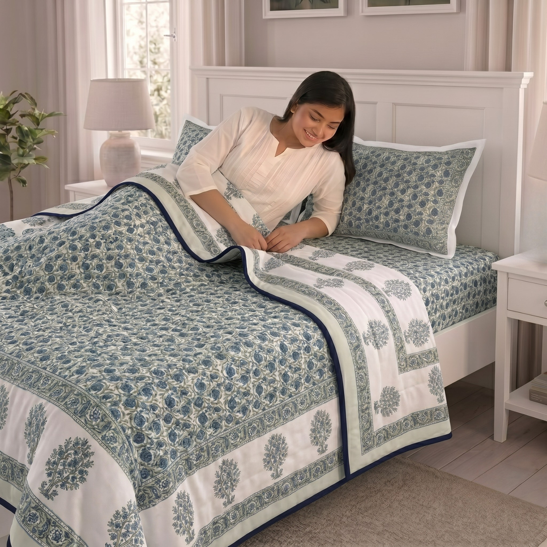 Blue Floral Pratham 4 Pieces Double Bed Dohar Set
