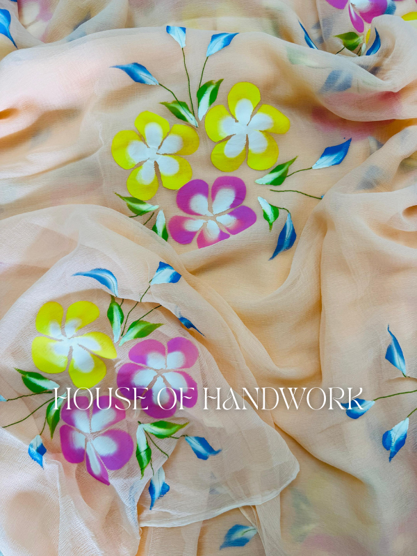 Pastel Bloom Hand Painted Chiffon Saree