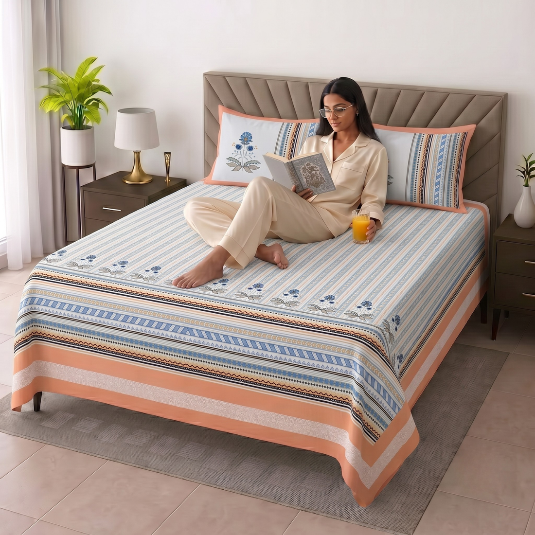 Orange & Blue Printed Jumbo Size Cotton Bedsheet with 2 Pillow Covers