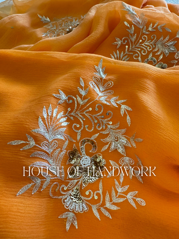 Tangerine Treasure Handwork Saree