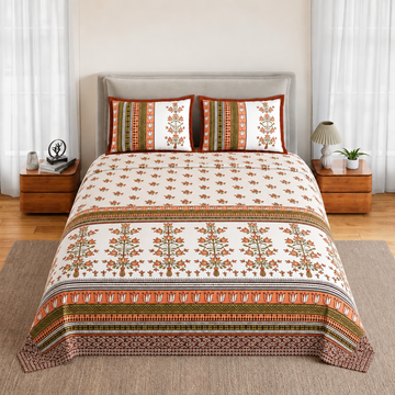 Peach Floral Jumbo Size Cotton Bedsheet with 2 Pillow Covers