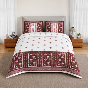 Maroon Floral Jumbo Size Cotton Bedsheet with 2 Pillow Covers
