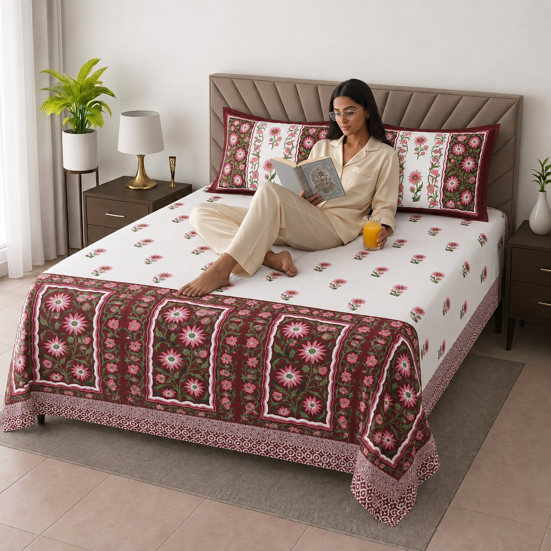 Maroon Floral Jumbo Size Cotton Bedsheet with 2 Pillow Covers