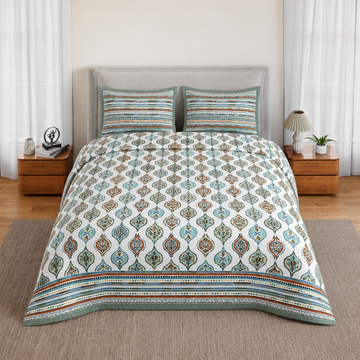 Blue Leaf Jumbo Size Cotton Bedsheet with 2 Pillow Covers