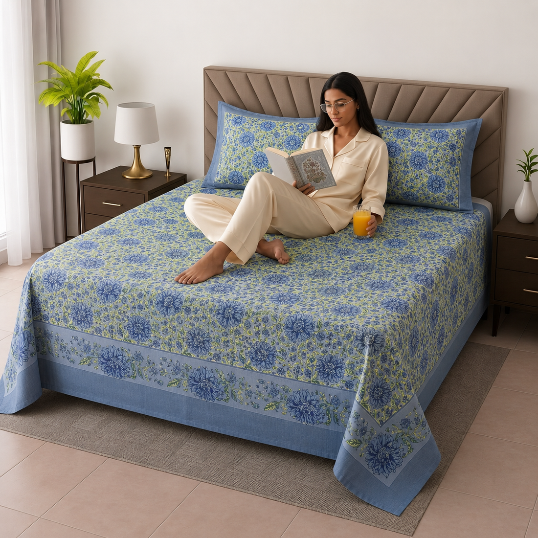 Blue Floral Print King Size Cotton Bedsheet with 2 Pillow Covers