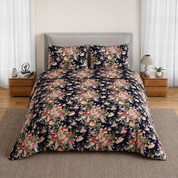 Black Floral Jumbo Size Cotton Bedsheet with 2 Pillow Covers