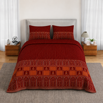Burgundy Geometric Jumbo Size Cotton Bedsheet with 2 Pillow Covers