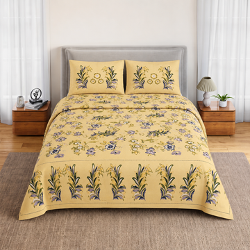Yellow Floral Jumbo Size Cotton Bedsheet with 2 Pillow Covers