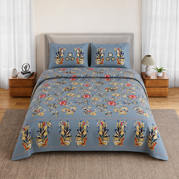 Gray Floral Jumbo Size Cotton Bedsheet with 2 Pillow Covers