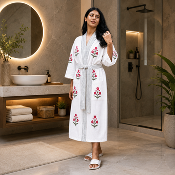 Pink Floral Hand Block Printed Waffle Cotton Bathrobe