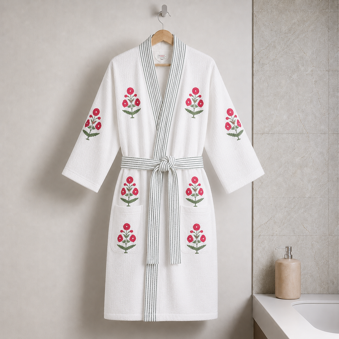 Pink Floral Hand Block Printed Waffle Cotton Bathrobe