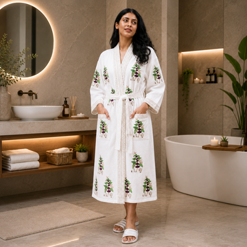 Green Leaves Hand Block Printed Waffle Cotton Bathrobe