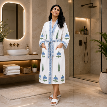 Blue & Green Floral Hand Block Printed Waffle Cotton Bathrobe