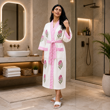 Pink Floral Hand Block Printed Waffle Cotton Bathrobe