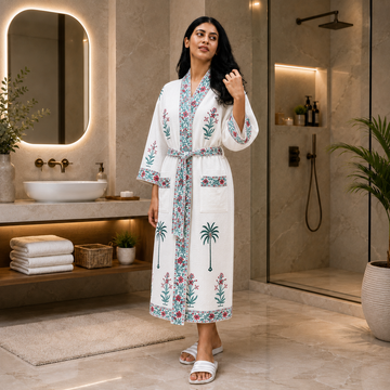 Sea Green Floral Hand Block Printed Waffle Cotton Bathrobe