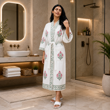 Green & Red Floral Hand Block Printed Waffle Cotton Bathrobe