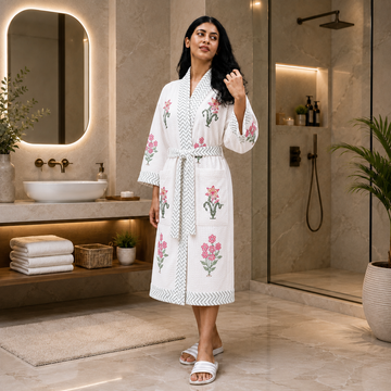 Green & Pink Floral Hand Block Printed Waffle Cotton Bathrobe