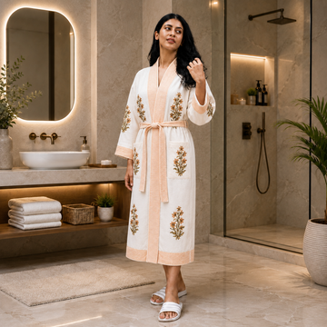 Yellow Floral Hand Block Printed Waffle Cotton Bathrobe