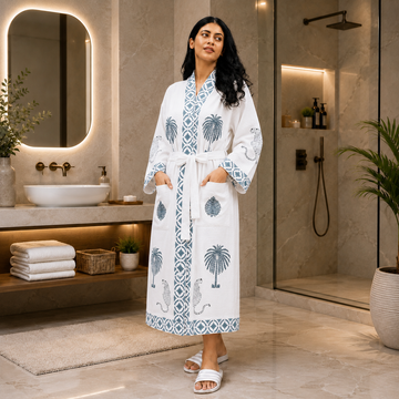 Blue Floral Hand Block Printed Waffle Cotton Bathrobe