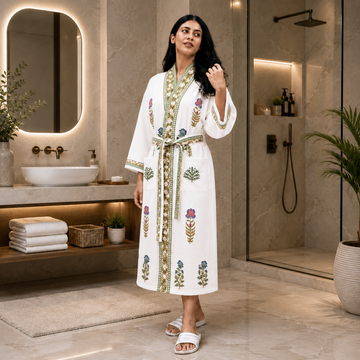 Green Floral Hand Block Printed Waffle Cotton Bathrobe