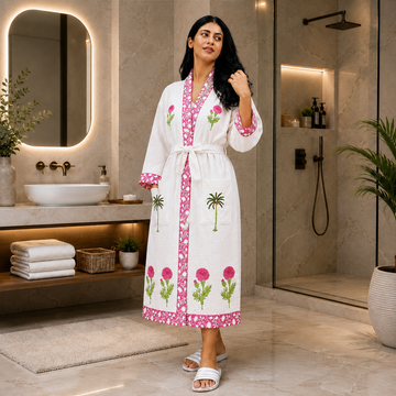 Pink Floral Hand Block Printed Waffle Cotton Bathrobe
