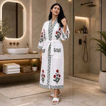 Green & Red Floral Hand Block Printed Waffle Cotton Bathrobe