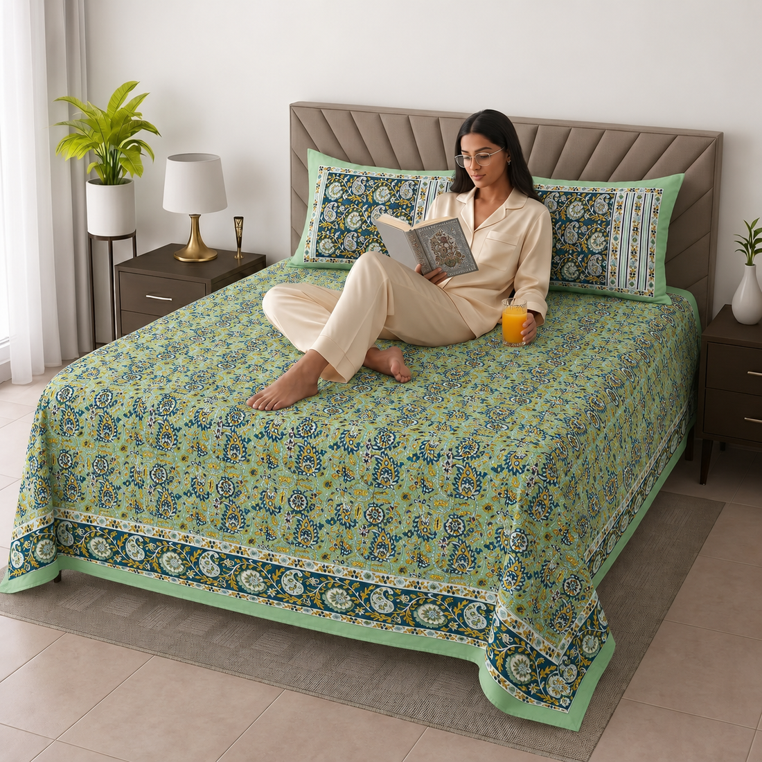 Green Leaves Bagru Print Cotton King Size Bedsheet with 2 Pillow Covers