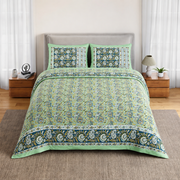Green Leaves Bagru Print Cotton King Size Bedsheet with 2 Pillow Covers