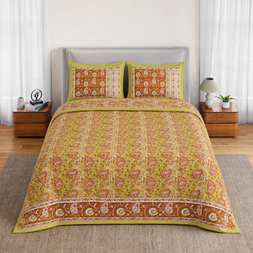 Yellow & Brown Leaves Bagru Print Cotton King Size Bedsheet with 2 Pillow Covers