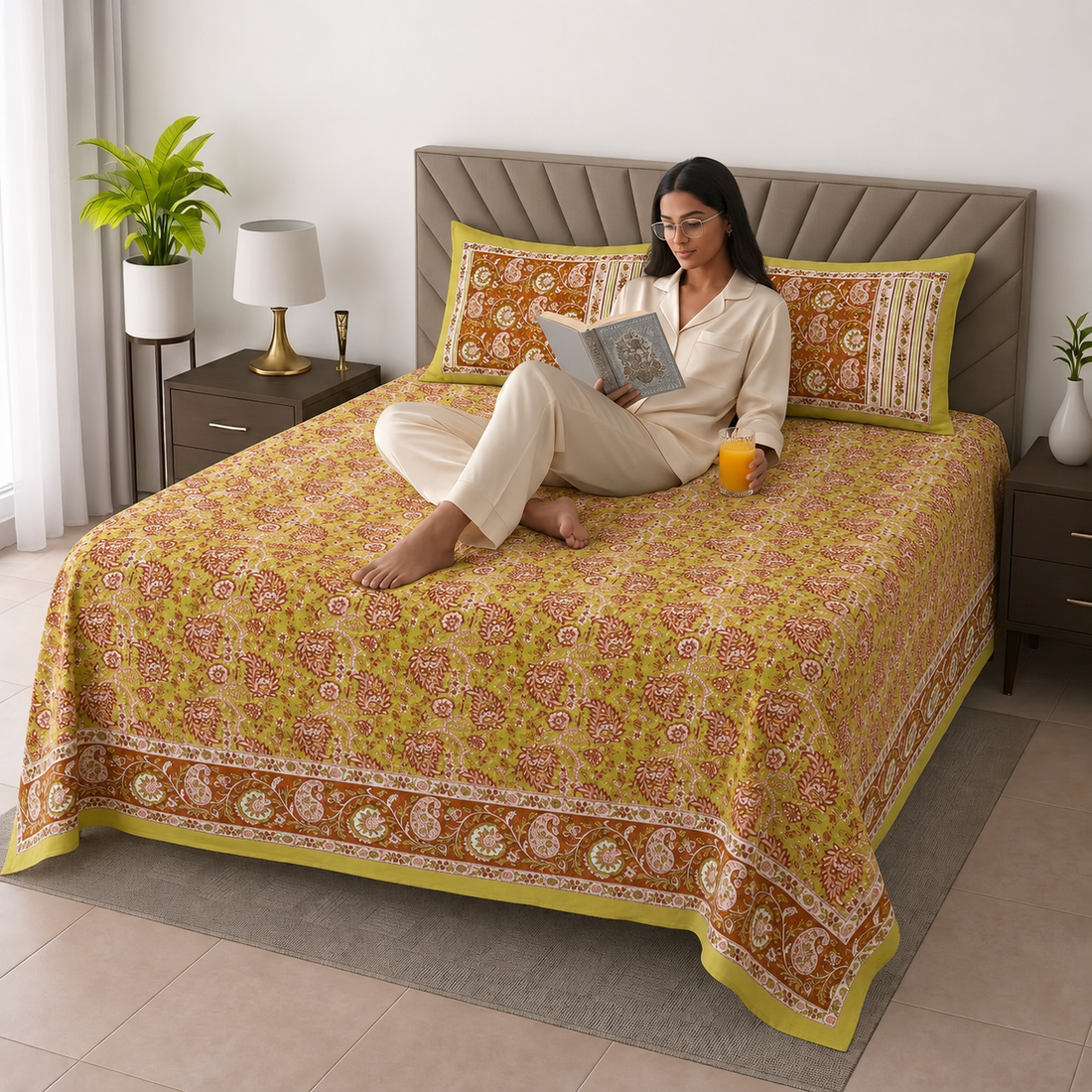 Yellow & Brown Leaves Bagru Print Cotton King Size Bedsheet with 2 Pillow Covers