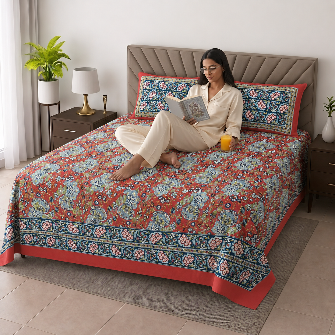 Red & Blue Floral Bagru Print Cotton King Size Bedsheet with 2 Pillow Covers