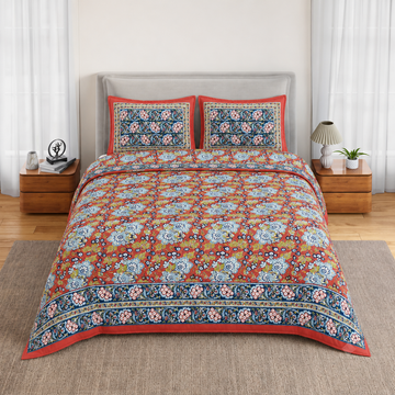 Red & Blue Floral Bagru Print Cotton King Size Bedsheet with 2 Pillow Covers