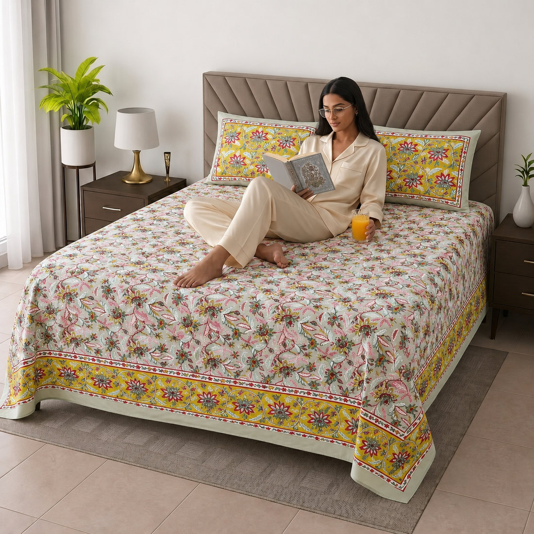 Yellow & Pink Floral Bagru Print Cotton King Size Bedsheet with 2 Pillow Covers