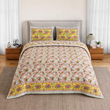 Yellow & Pink Floral Bagru Print Cotton King Size Bedsheet with 2 Pillow Covers