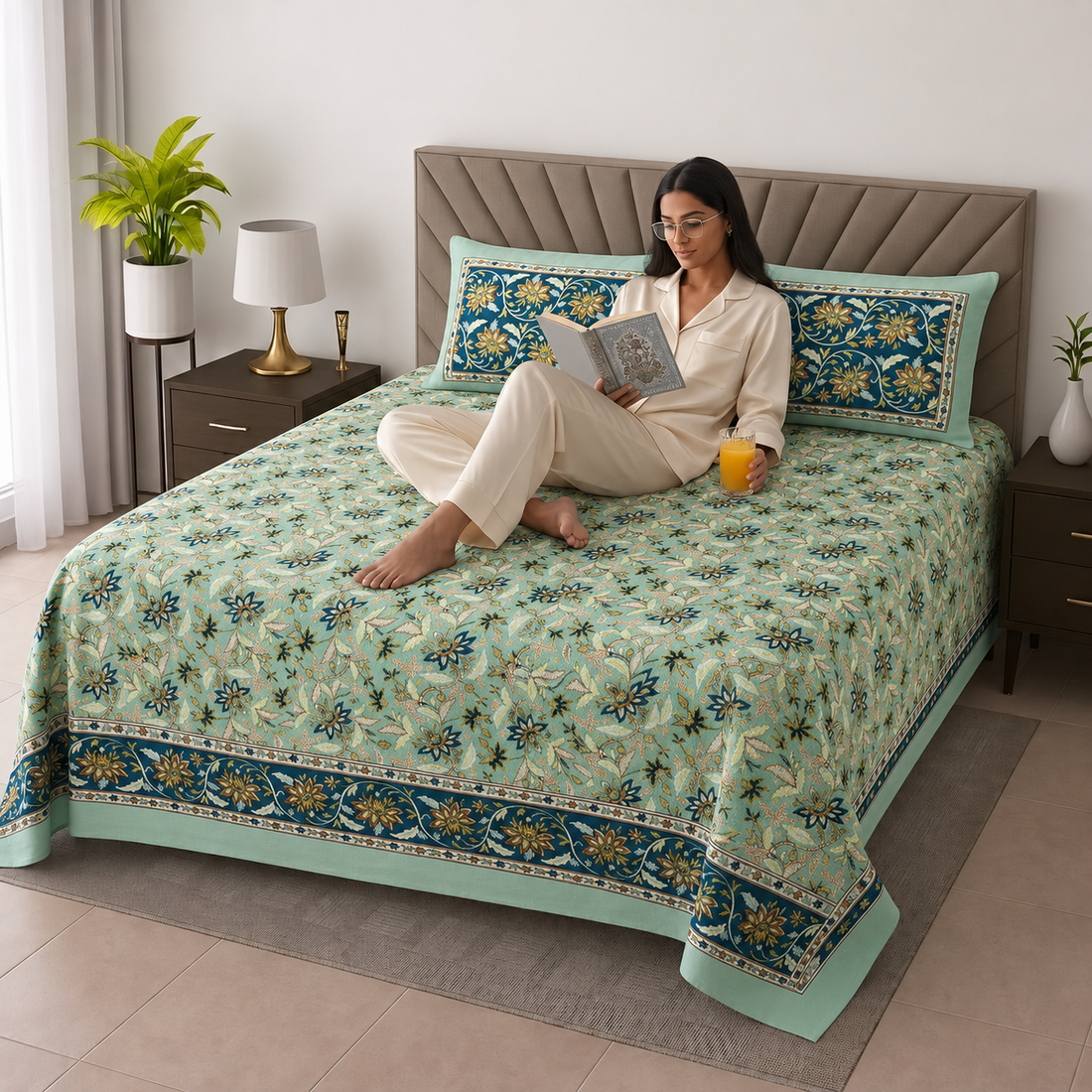 Pesto & Blue Floral Bagru Print Cotton King Size Bedsheet with 2 Pillow Covers