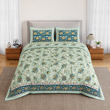 Pesto & Blue Floral Bagru Print Cotton King Size Bedsheet with 2 Pillow Covers