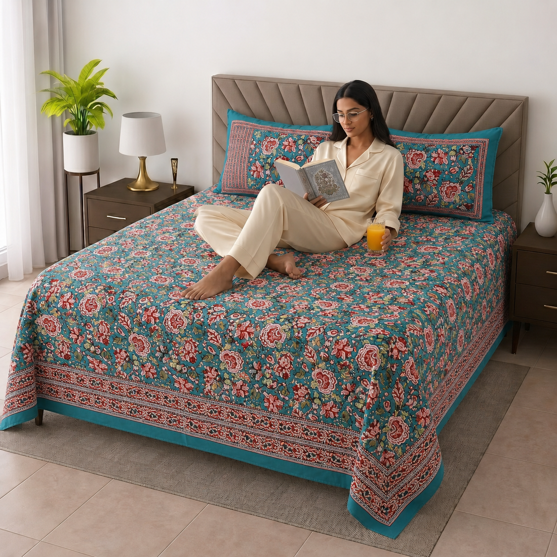 Pink Floral Bagru Print Cotton King Size Bedsheet with 2 Pillow Covers