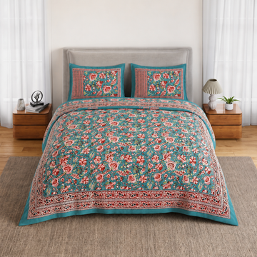 Pink Floral Bagru Print Cotton King Size Bedsheet with 2 Pillow Covers