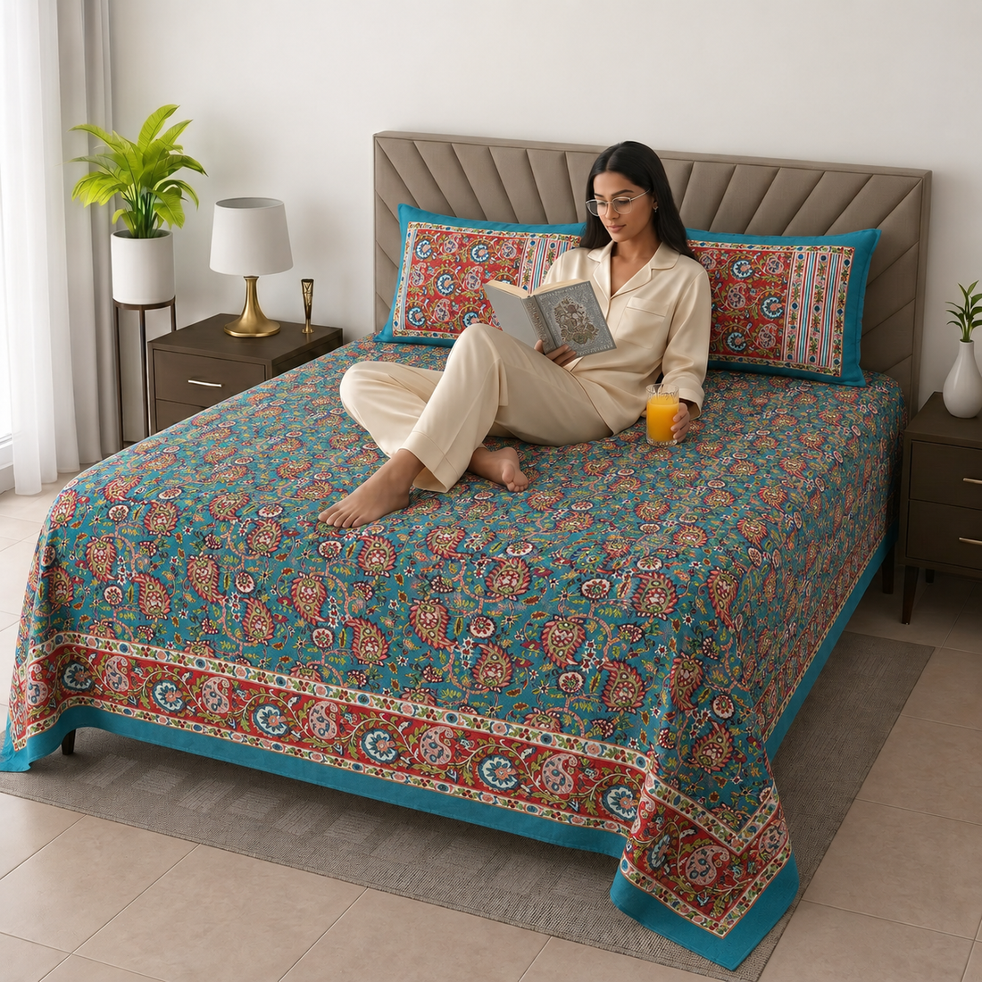 Teal Blue & Brown Floral Bagru Print Cotton King Size Bedsheet with 2 Pillow Covers