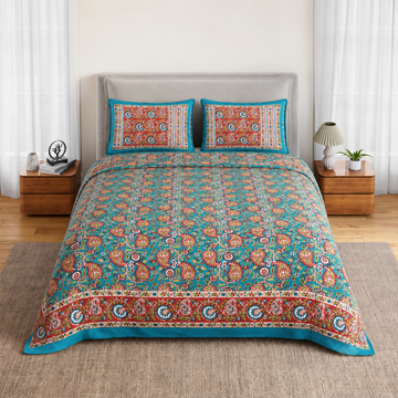 Teal Blue & Brown Floral Bagru Print Cotton King Size Bedsheet with 2 Pillow Covers