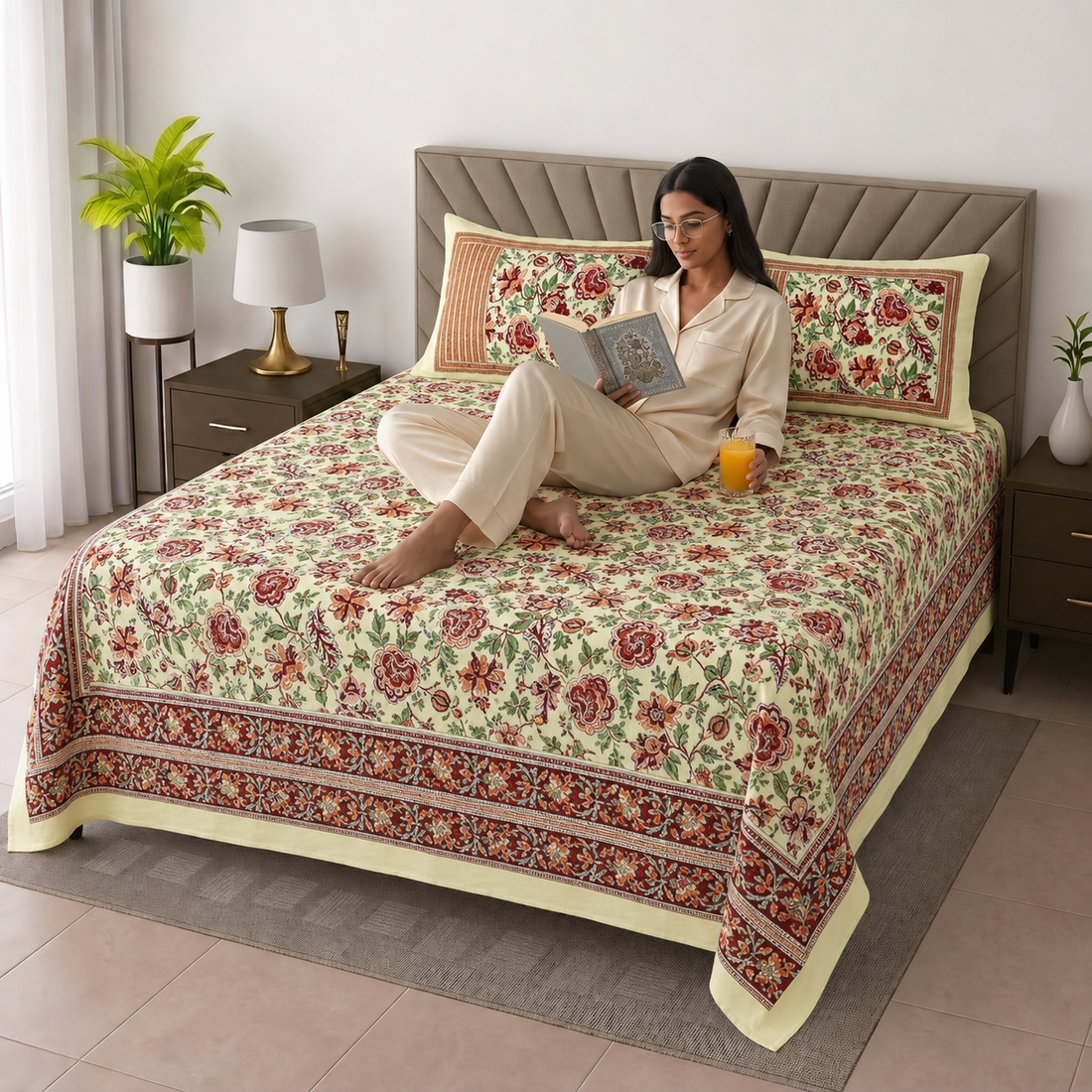 Yellow & Maroon Floral Bagru Print Cotton King Size Bedsheet with 2 Pillow Covers