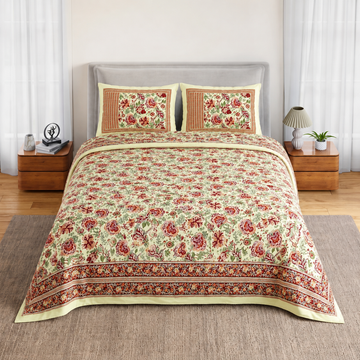Yellow & Maroon Floral Bagru Print Cotton King Size Bedsheet with 2 Pillow Covers