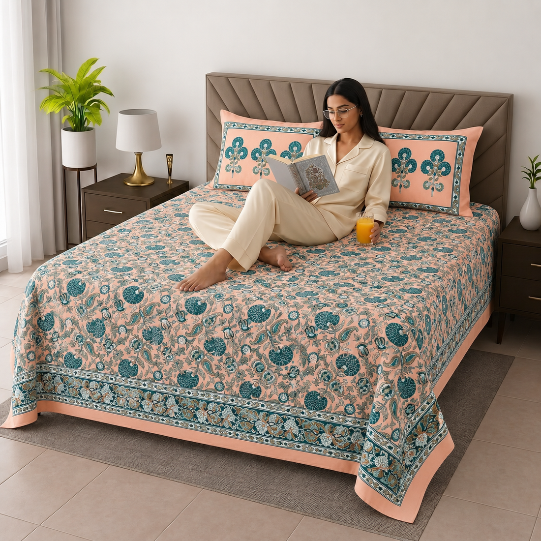 Peach & Blue Floral Bagru Print Cotton King Size Bedsheet with 2 Pillow Covers
